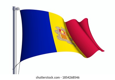 Andorra flag state symbol isolated on background national banner. Greeting card National Independence Day of the Principality of Andorra. Illustration banner with realistic state flag.