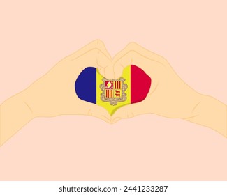 Bandera de Andorra con forma de corazón de dos manos, expresar amor o afecto concepto, apoyar o donar a Andorra, signo de amor de corazón de mano, diseño vectorial, patriotismo y nacionalismo idea