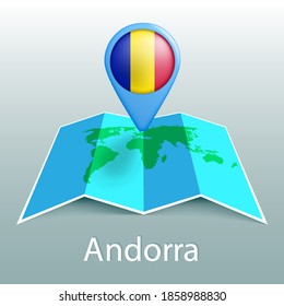 Andorra flag world map in pin with name of country