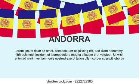 Andorra flags hanging on a rope, celebration and greeting concept, many Andorra flags with text space, banner and poster idea, decoration material, independence day