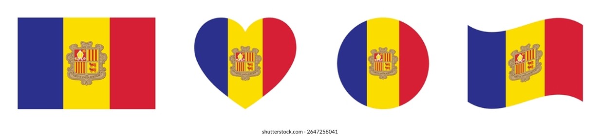 Bandeiras de Andorra conjunto em quadrado, coração, círculo e ondulação formatos projeta elemento. Coleção de bandeiras Andorra. Conjunto de Andorra bandeiras ícones isolados em fundo branco. Ilustração vetorial.