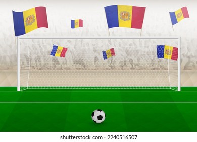 Andorra football team fans with flags of Andorra cheering on stadium, penalty kick concept in a soccer match. Sports vector illustration.