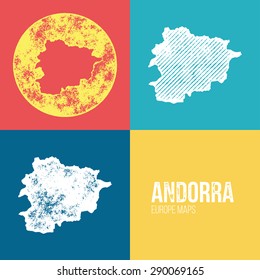Andorra Grunge Retro Map - Three silhouettes Andorra maps with different unique letterpress vector textures - Infographic and geography resource