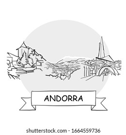 Andorra Hand-Drawn Urban Vector Sign. Black Line Art Illustration with Ribbon and Title.