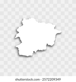 Andorra high detailed vector representation of country silhouette. White color on transparent background with dropped shadow. For educational, decorative, or informational use.