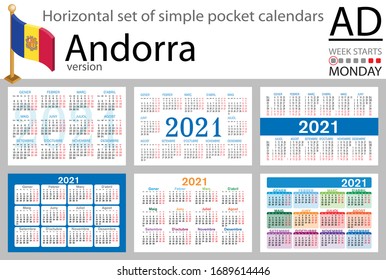 Andorra horizontal set of pocket calendars for 2021 (two thousand twenty one). Week starts Monday. New year. Color simple design. Vector