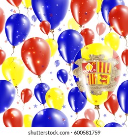 Andorra Independence Day Seamless Pattern. Flying Rubber Balloons in Colors of the Andorran Flag. Happy Andorra Day Patriotic Card with Balloons, Stars and Sparkles.