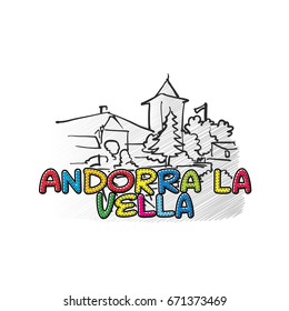 Andorra la vella beautiful sketched icon, famous hand-drawn landmark, city name lettering, vector illustration