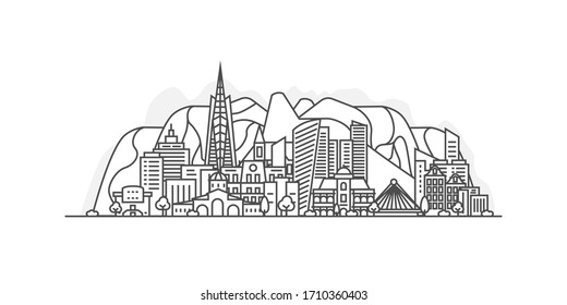 Andorra la Vella City, Andorra architecture line skyline illustration. Linear vector cityscape with famous landmarks, city sights, design icons, with editable strokes isolated on white background.