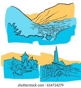 Andorra la Vella Colored Landmarks, Scalable Vector Monuments. Filled with Blue Shape and Yellow Highlights. 