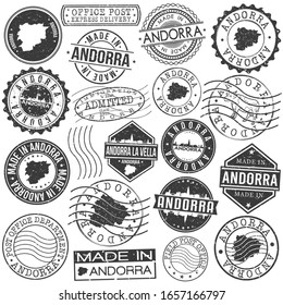 Andorra la Vella, Andorra Set of Stamp. Vector Art Postal Passport Travel Design. Travel and Business Seals.