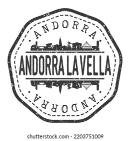 Andorra la Vella, Andorra Stamp Skyline Postmark. Silhouette Postal Passport. City Round Vector Icon. Vintage Postage Design.