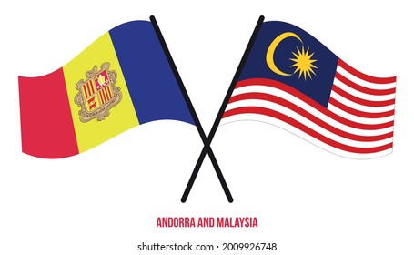 Andorra and Malaysia Flags Crossed And Waving Flat Style. Official Proportion. Correct Colors.