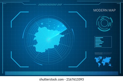 Mapa de Andorra del vector de radar de tecnología de cuadro digital azul HUD, GUI, interfaz de interfaz de usuario.