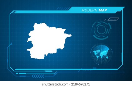 Andorra map of blue digital frame HUD, GUI, UI interface technology radar vector.