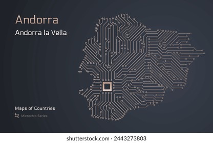 Andorra Map with a capital of Andorra la Vella Shown in a Microchip Pattern with processor. E-government. World Countries vector maps. Microchip Series	
