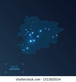 Andorra map with cities. Luminous dots - neon lights on dark background. Vector illustration. 