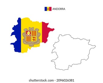 Andorra map city vector divided by outline simplicity style. Have 2 versions, black thin line version and color of country flag version. Both map were on the white background.
