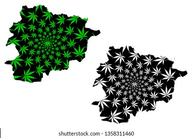 Andorra - map is designed cannabis leaf green and black, Principality of the Valleys of Andorra map made of marijuana (marihuana,THC) foliage,