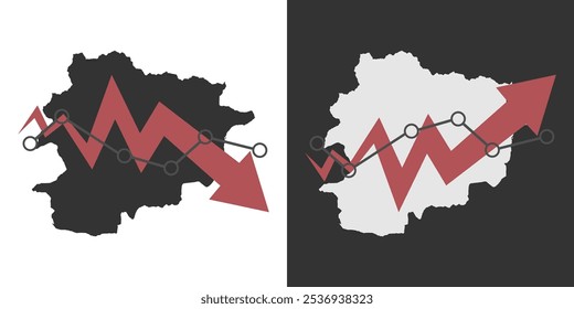 Andorra map with fall and recovery chart, statistics arrow. Vector illustration.