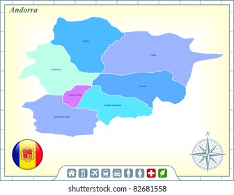 Mapa de Andorra com botões de bandeira e assistência & ativa ícones Ilustração original