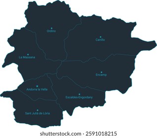 Andorra map high detailed with administrative divide by state, capital cities names, outline simplicity style. Vector illustration EPS10.