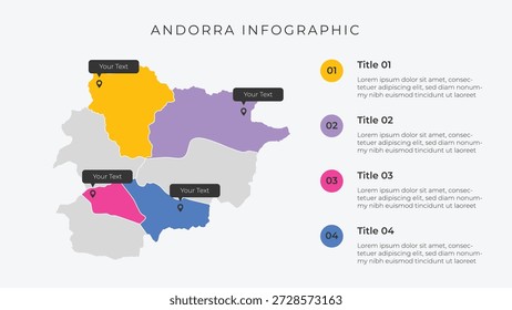 Andorra map infographic template with 4 options. Andorra political map infographic for presentation.