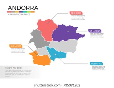 Andorra map infographics vector template with regions and pointer marks