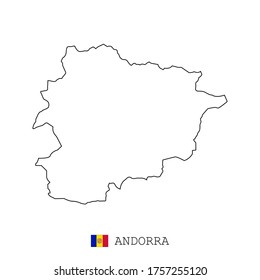 Línea cartográfica de Andorra, vector delgado lineal simple contorno e y bandera. Negro sobre fondo blanco