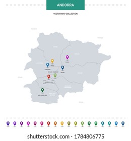 Andorra map with location pointer marks. Infographic vector template, isolated on white background. 