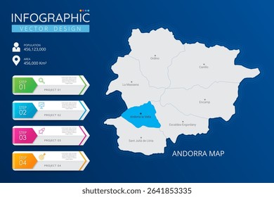Andorra map with location pointer marks. High detailed country map with division, cities and capital infographic template. Vector illustration EPS10
