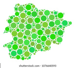 Andorra Map mosaic of random filled circles in various sizes and fresh green color tones. Vector dots are grouped into andorra map composition. Eco geographic map design concept.