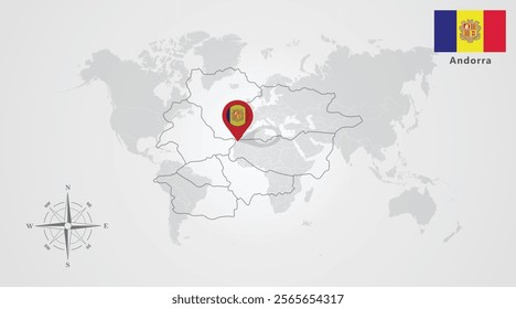  Andorra map outline and Andorra flag icon design, Template with the national flag and map 