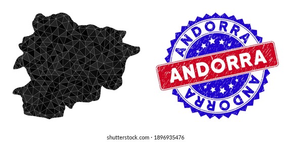 Andorra map polygonal mesh with filled triangles, and grunge bicolor stamp seal. Triangle mosaic Andorra map with mesh vector model, triangles have various sizes, and positions, and color tones.