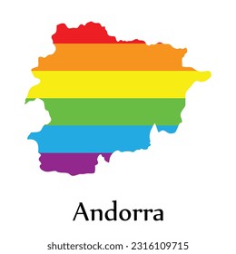 La forma del mapa de Andorra llena el color del arcoiris aislado en el fondo blanco. El concepto de diseño del país acepta el orgullo LGBT.