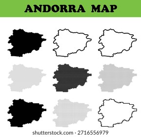 Formas de mapas de Andorra en varios estilos, incluido el contorno de puntos negros sólidos y diseños minimalistas ideales para representaciones geográficas y fines educativos