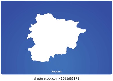 Silueta del mapa de Andorra en fondo azul. Mapa de la región administrativa del país de Andorra con color blanco. Un mapa sólido de Andorra con el nombre del país mostrado arriba sobre fondo azul