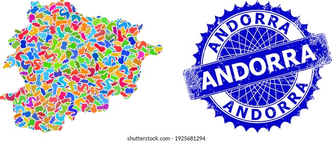 Andorra map template. Blot mosaic and unclean stamp seal and Andorra map. Sharp rosette blue stamp seal with caption and Andorra map. Mosaic vector Andorra map is composed from random colorful blots.