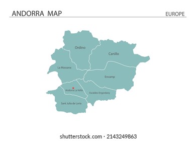 Andorra map vector illustration on white background. Map have all province and mark the capital city of Andorra. 