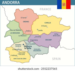 Andorra Map Vector New 2024 Colorful -  Customizable layered political map of Andorra with administrative divisions for website, education, reports, news, politics, print, poster and wallpaper