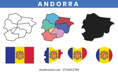 Vetor do mapa de Andorra com províncias e conjunto de bandeiras nacionais
