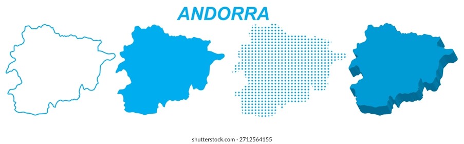 Conjunto de Vectores de mapa de Andorra, Silueta de contorno europeo Formas macizas 3D punteadas, Plantilla infográfica de Andorra Country, EPS editable Andorra Geografía