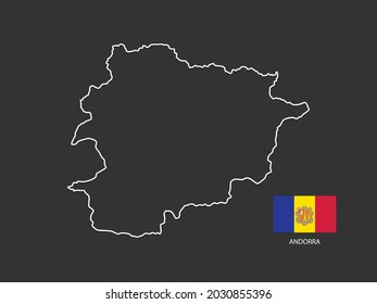 Andorra map vector thin white line style on the black background and Andorra flag in this vector.