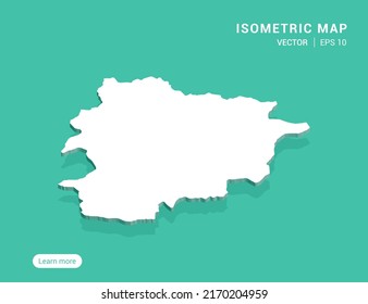 Andorra map white on green background with 3d isometric vector illustration.