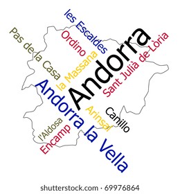 Andorra map and words cloud with larger cities