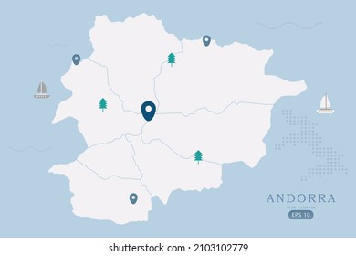 Andorra Map - World Map International vector template High detailed with white color isolated on blue background including simple point of location, tree, boat icon - Vector illustration eps 10