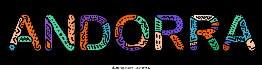 Andorra. Multicolored bright contrast isolate inscription. Colored curves doodle letters. Andorra for prints on clothing, t-shirts, souvenir, booklet, banner, flyer, cards, satchels. Stock picture.