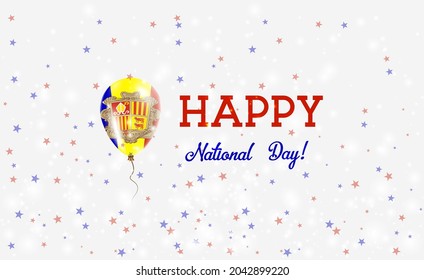 Andorra National Day patriotic poster. Flying Rubber Balloon in Colors of the Andorran Flag. Andorra National Day background with Balloon, Confetti, Stars, Bokeh and Sparkles.
