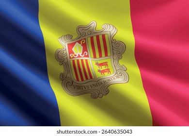 Andorra national flag waving in the wind, realistic detailed silk texture