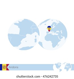 Andorra on world globe with flag and regional map of Andorra. Vector Illustration.
